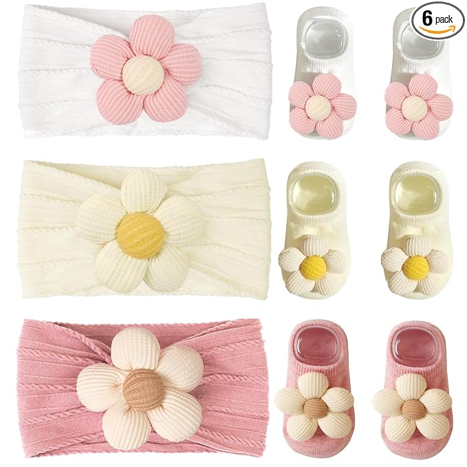 CÉLLOT Baby Girl Headband and Socks, Non-Slip Floral Socks and Soft Floral Nylon Hairbands for Babies Infants and Toddlers