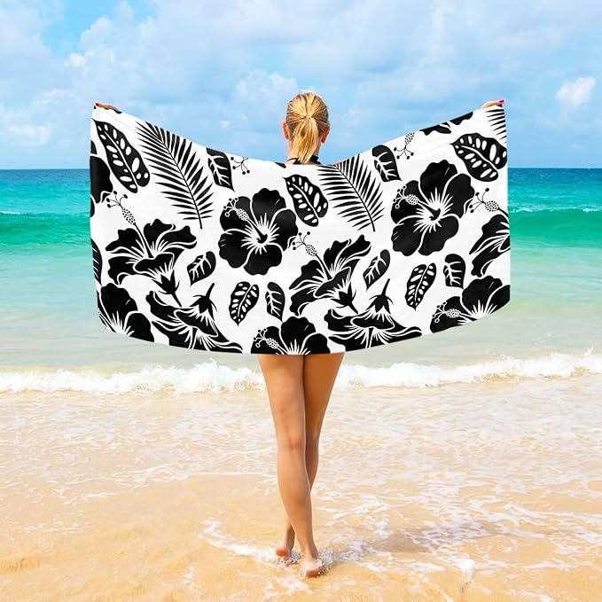 Black Hibiscus Flower Beach Towel, Microfiber Absorbent Quick Dry Swimming Yoga Beach Towels for Women, Men, Kids