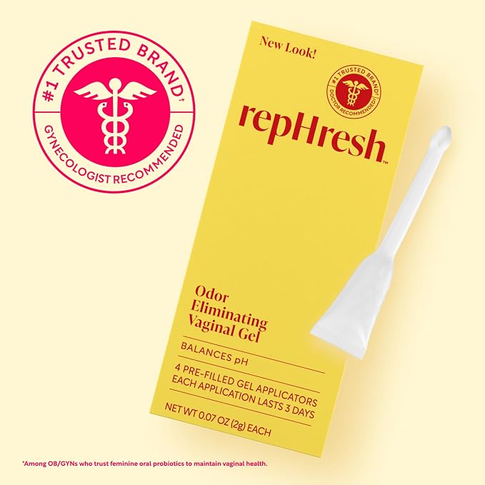Rephresh Odor Eliminating Vaginal Gel, Fragrance Free, Balances Vaginal pH, Odor Control Up to 3 Days, 4 Pre-Filled Applicators (Pack of 2)