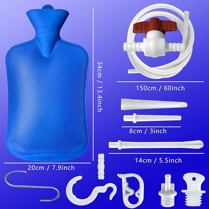 2 L Enema Bag Home Enema Kit with 3 Enema Tips,60 inch Long Silicone Hose, Controlable Water Flow Valve, Hot-Water Bottle for Colon Cleansing Enemas for Women/Men（Blue）