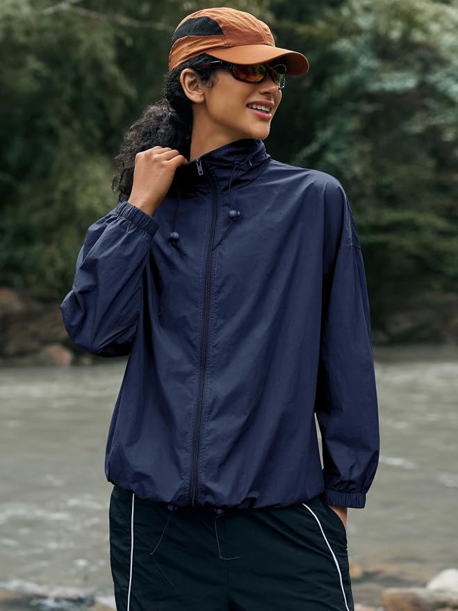 Yousify Womens Waterproof Rain Jackets Lightweight Zip Up Raincoat Outdoor Hiking Hooded Windbreaker with Pocket