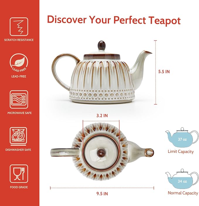 Sweese Ceramic Teapot, Beaded Retro Flower Glaze, 1100ml/37 oz Large Tea Pot for Loose Tea or Bags, Enough for 4 Cups, Nebula Amber