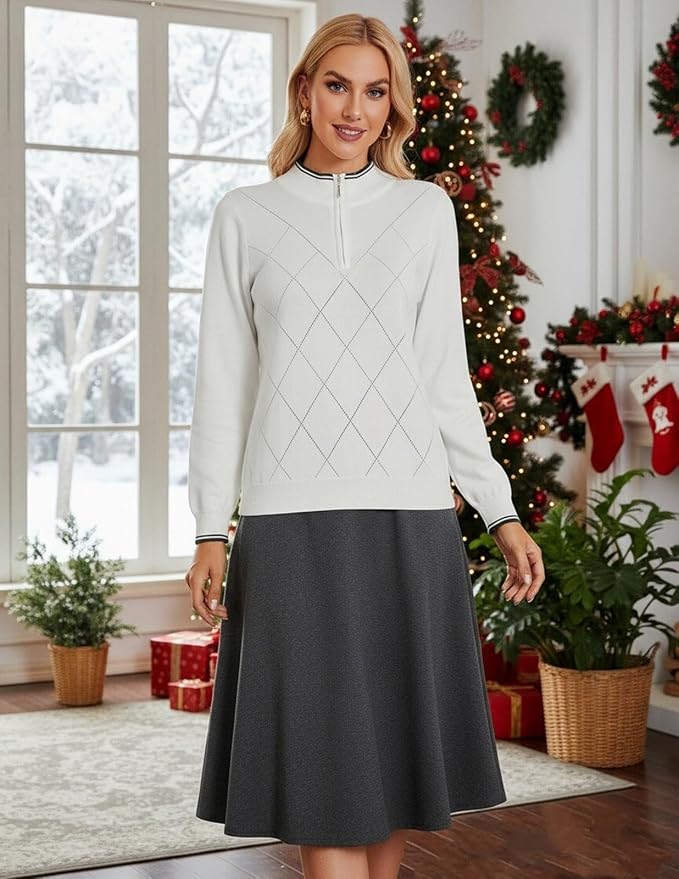JACK SMITH Quarter Zip Pullover Sweaters for Womens, Rib Polo Sweater Tops | V Neck,Knit,Long Sleeve,Argyle,Open Pattern,Callar,Lightweight,Fashion,Golf Work Business Daily Wear Versatile Pullover Shirt