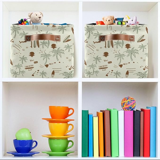 Aslsiy Storage Basket Hawaii Palm Surf Nursery Bins Brown Baby Box Canvas Clothes Shelf Basket Laundry Hamper Gift Baskets for Home Closet 2 Pcs