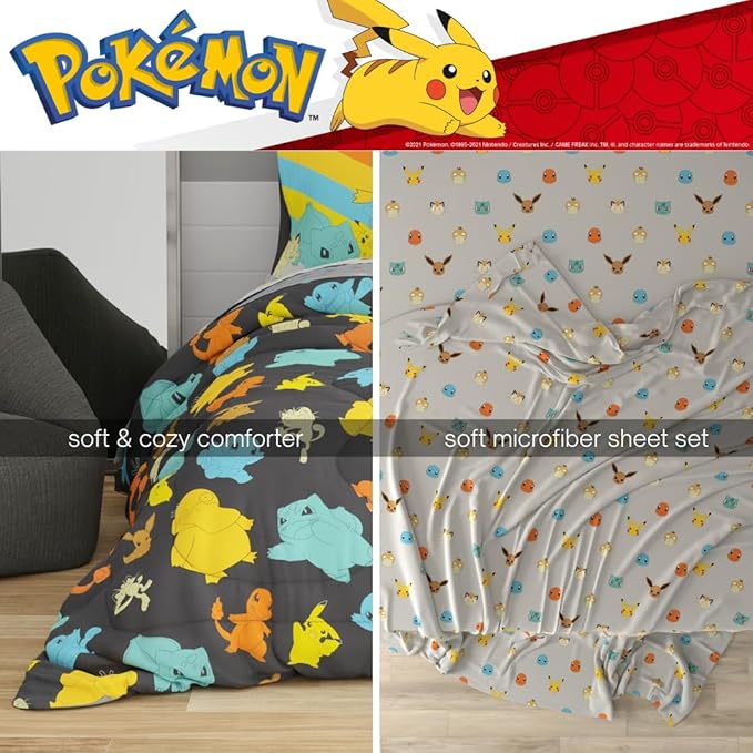 Pokemon Bedding Set, Twin Size 5 Piece Set Kids Super Soft Cozy Reversible Comforter and Sheet Set with Sham, (100% Officially Licensed Product) by Franco