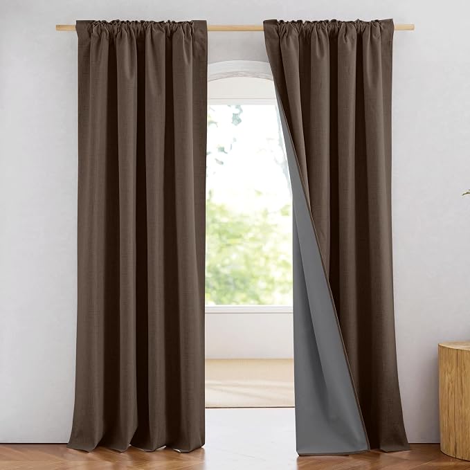 NICETOWN Brown Vintage Linen 100% Blackout Curtains for Living Room, W52 x L90 in, Set of 2, Thermal Insulated Curtains with Light Blocking Liner, Noise Reducing Window Treatments for Home Cinema