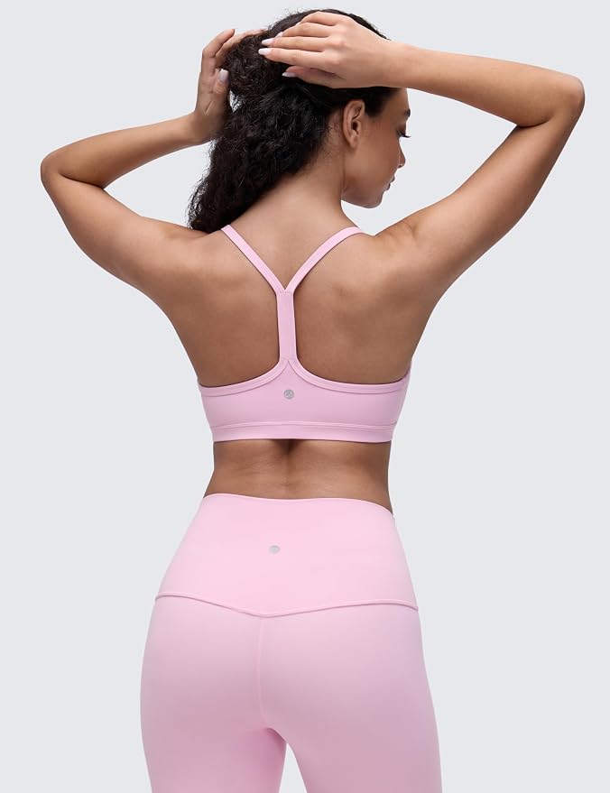 CRZ YOGA Butterluxe Ruched Sports Bras for Women - V Neck Spaghetti Thin Strap Y Back Wireless Padded Yoga Crop Top