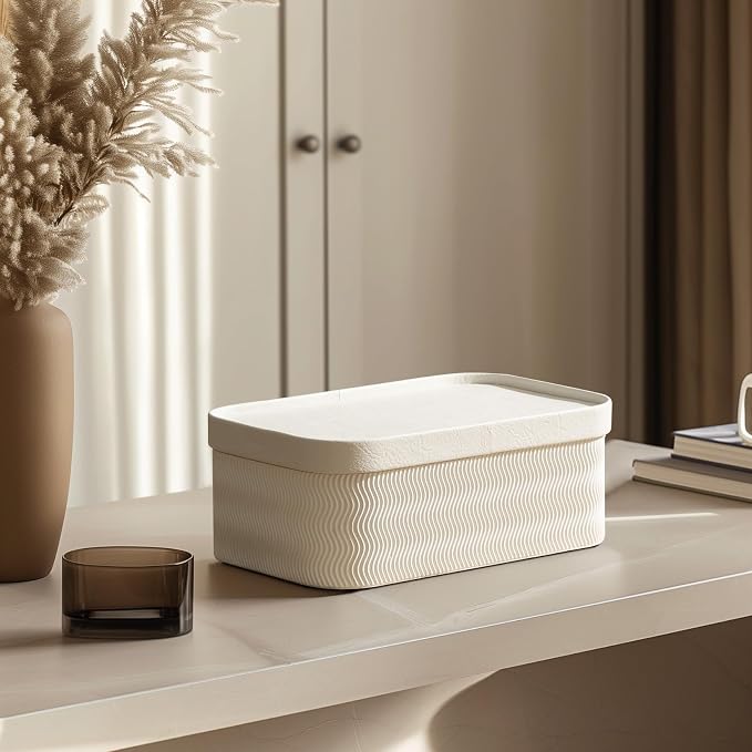 LA JOLIE MUSE Decorative Storage Boxes with Lids Faux Leather, White 3 Pack | Vegan Leather Lids, Fluted Cardboard Storage Basket, Organizer for Jewelry, Shelves, Bedroom & Closet Storage Memory Box