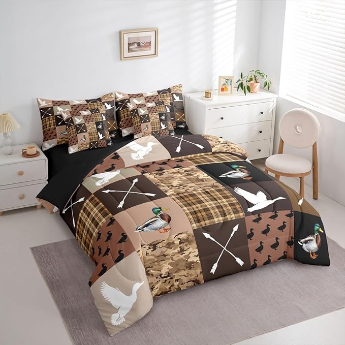 Feelyou Brown Hunting Camo Comforter Set with Sheets 7 Piece King Size Camouflage Duck Bedding Set for Kids Boys Girls Wild Animal Hunter Bed in a Bag Room Decor Soft Lightweight Microfiber