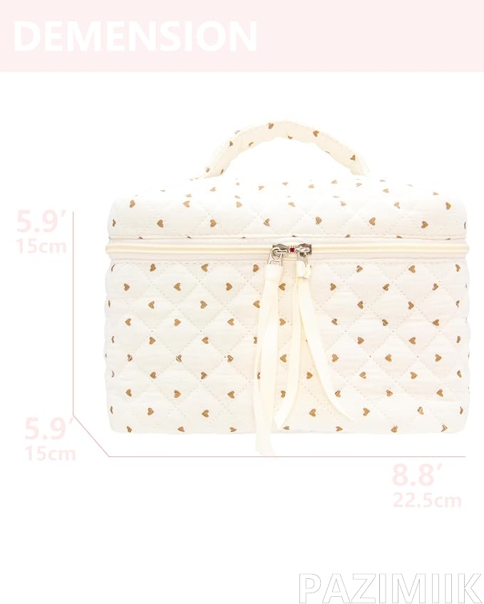 PAZIMIIK Quilted Makeup Bag Large Travel Zipper Soft Cosmetic Case for Women Girls Make Up,Gauze Heart Coffee