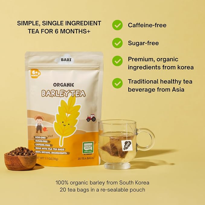 BARI Organic Baby Barley Tea – Baby Tea for the Whole Family | Korean Boricha, Caffeine-Free, No Sugar, Heavy Metal Tested | 20 Tea Bags