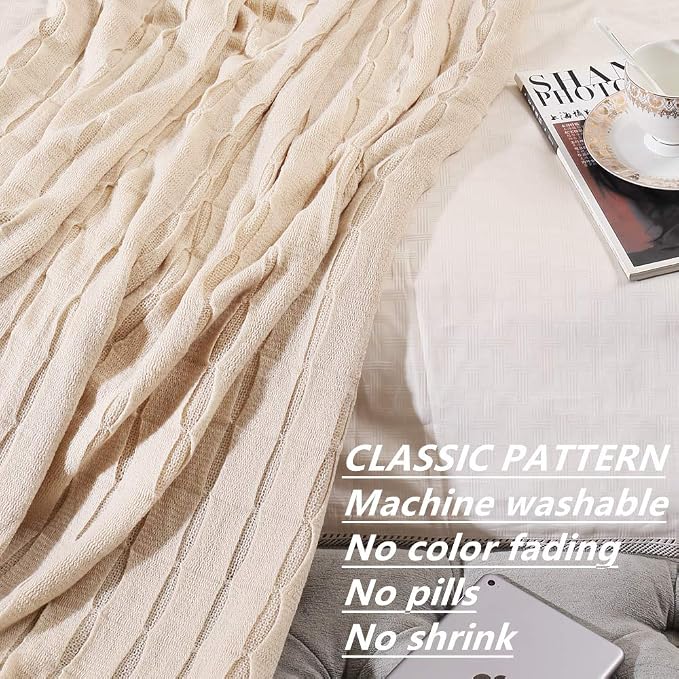 CREVENT Home Decor Rustic Couch Sofa Chair Bed Throw Blanket, Soft Warm Cozy Light Weight for Travelling, Giftable for Christmas(50''X60'' Beige/Ivory)