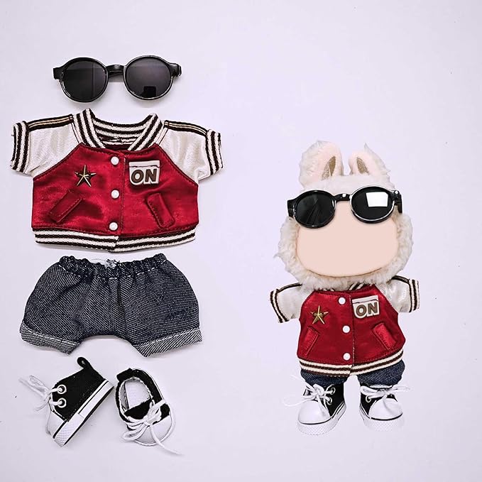 Doll Outfit Set for 17cm Dolls, 4 Piece Clothes Set for Labubu, Premium Fashion Clothes for Labubu Dolls Accessories Suit,Baseball Jacket+Jeans+Canvas Shoes+Glasses