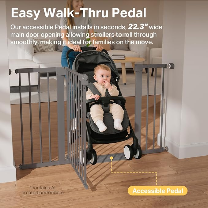 Cumbor 30-51.5" Extra Wide Baby Gate for Stairs, Pressure Mounted Dog Gate Indoor with Self-Closing Walk Through Door, Mom's Choice Award Winner, Child Safety Double-Lock, Cool Gray