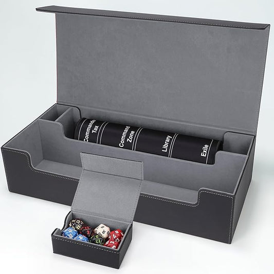 AFIING Mtg Deck Box Holds 5 Display Card Deck Boxes with Mtg Playmat & Dice Box,10 Dividers,1Card supporter, Trading Card Storage Box for Magic Yugioh Sports Cards (Black &Grey)