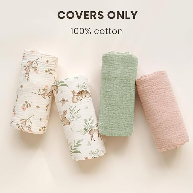 Konssy Muslin Baby Lounger Cover 2 Pack, 100% Cotton Newborn Lounger, Soft and Breathable for Boys & Girls (Woodland, Sage)