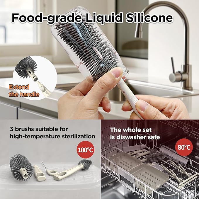 YOTIME Travel Bottle Brush Set, Auto-Open Rack & Vertical Brushs Drying Slots, 3 Brushes, Foldable Drying Rack, Dispenser, Travel Baby Essentials for On-The-Go Parents, Transparent Coffee