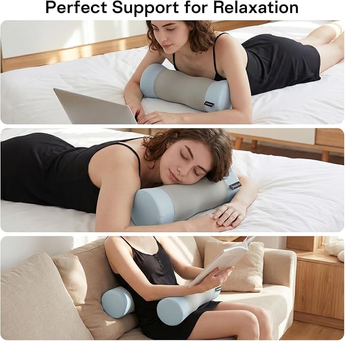 Neck Roll Pillow - Cooling Cover Round Neck Pillow for Sleeping - Memory Foam Cervical Support Pillow - Ergonomic Cylinder Pillows for Neck, Leg, Back, Yoga, Relaxing (Grey Blue)
