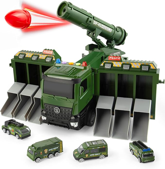 7 in 1 Military Truck Toys, with Rocket Launcher, 6 Mini Battle Vehicle Toy, Army Carrier Truck with Lights and Sounds, Green Toys Trucks Gifts for Toddler Kids Boys Girls Ages 4 5 6 7 8