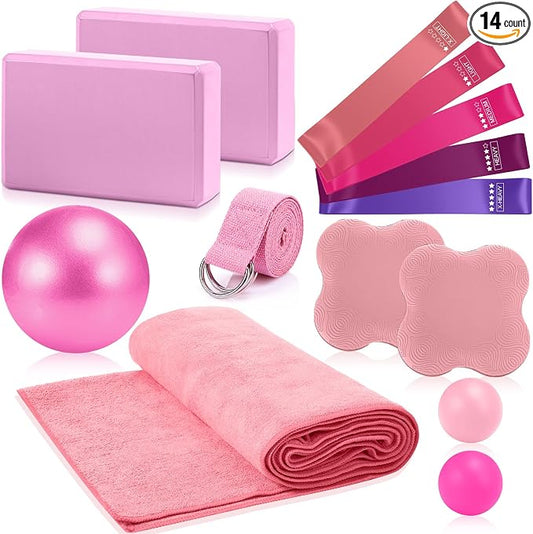 Simgoing 14 Pcs Yoga Kits for Home Workouts Pilates Equipment Set for Women Beginners, Hot Yoga Towel Blocks Strap, Knee Pad, Resistance Loop Exercise Band, Massage Lacrosse Ball, Pilates Ball