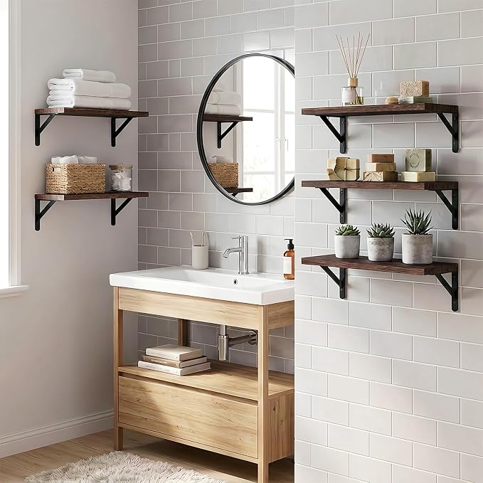 Fixwal Floating Shelves for Wall, Wood Wall Mounted Shelves for Bedroom, Bathroom, Living Room, Kitchen Storage and Decor(Brown, Set of 5, 16.5 Inch)
