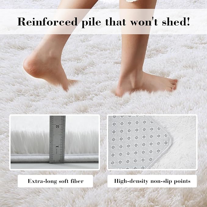 Fluffy Rug Shag Area Rug, White 2x4 Area Rugs for Bedroom, Small Bedside Rug, Soft Fluffy Shag Entryway Throw Rugs for Living Room Bedroom Room Home Decor