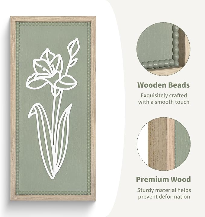 Sage Green Bathroom Wall Decor Set of 2, Framed 3D Wooden Floral Wall Art | Raised white floral cutouts in rectangular frames, ready to hang; rustic boho farmhouse decor for bedroom and hallway walls