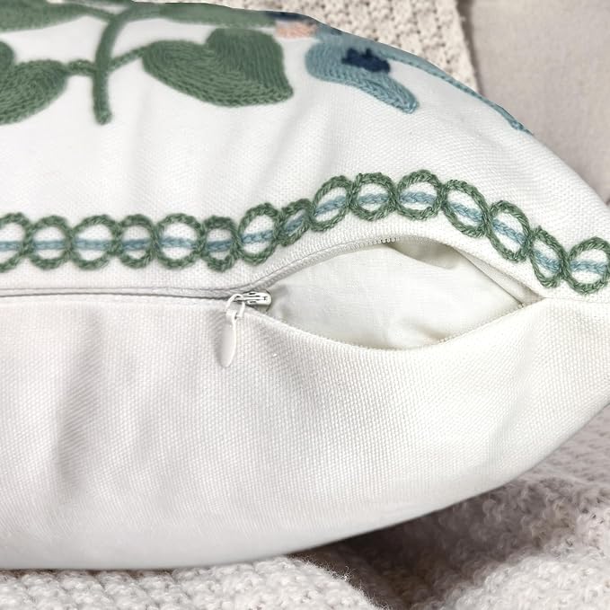 Alysheer Floral Embroidered Spring Decorative Throw Pillow Covers 20"x 20" Set of 2, Farmhouse Cottage Navy Blue Green Flowers Leaves Knit Pattern Cotton Canvas Cushion Case for Couch Bed Living Room