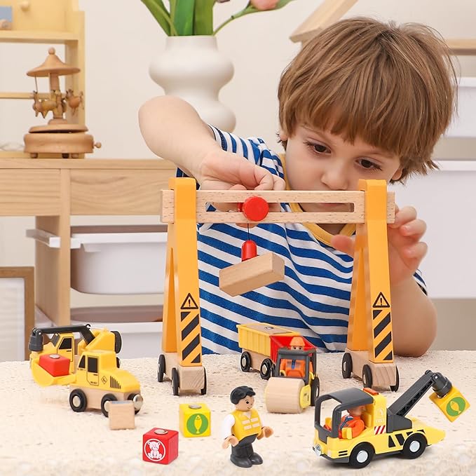 Atoylink 15PCS Kids Wooden Construction Toys with Magnetic Train Cars, Gantry Crane Bulldozer Roller Tow Truck Construction Site Vehicles Playset Gifts for 3 4 5 6 Year Old Toddlers Boys