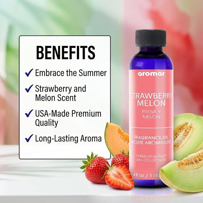 Aromar Premium Fragrance Oil, Long-Lasting, Refreshing Uplifting Aroma for Aromatherapy, Relaxation & Household Uses, Strawberry Melon 4 oz.