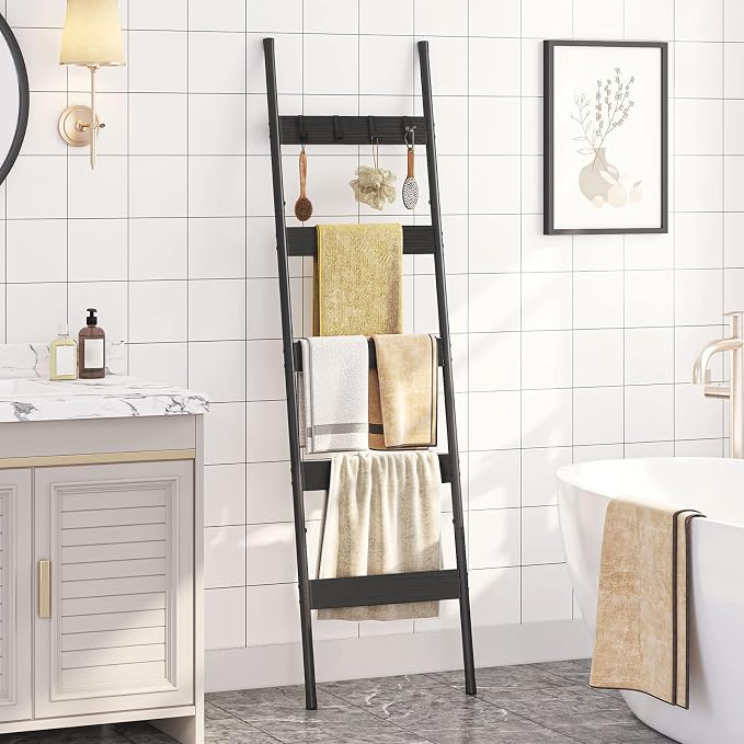 HOOBRO Blanket Ladder, 5-Tier Towel Rack with Hooks, Wall-Leaning Blanket Rack, Decorative Display Ladder Shelf, Scarves, Industrial, Living Room, Bedroom, Black BB52CJ01