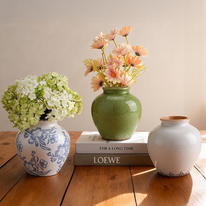 Ceramic Flower Vase Home Decor, 6.2 inch Farmhouse Rustic Vintage Decorative Vases, Pottery Terracotta Boho Flowers Vases for Dining Table, Living Room, Shelf, Kitchen, Bedroom (6.2"-Beige)