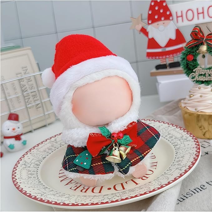Christmas Hat Clothes for Dolls Accessories, Stylish Kawaii Festive Christmas Bell Cloak Outfit Set 2 Pieces Suitable for 15cm 17cm Doll , Xmas Doll Clothing Set Replacement Red