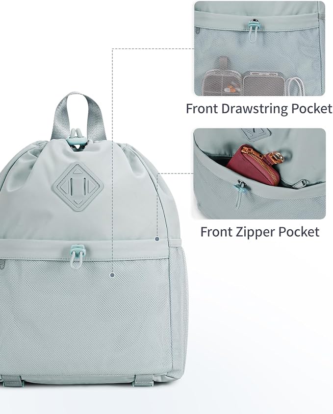 WANDF Drawstring Backpack for Women, Lightweight Gym Bag with Yoga Mat Strap, Water-Resistant String Backpack with Mesh Pocket (Grey, Patent Pending)