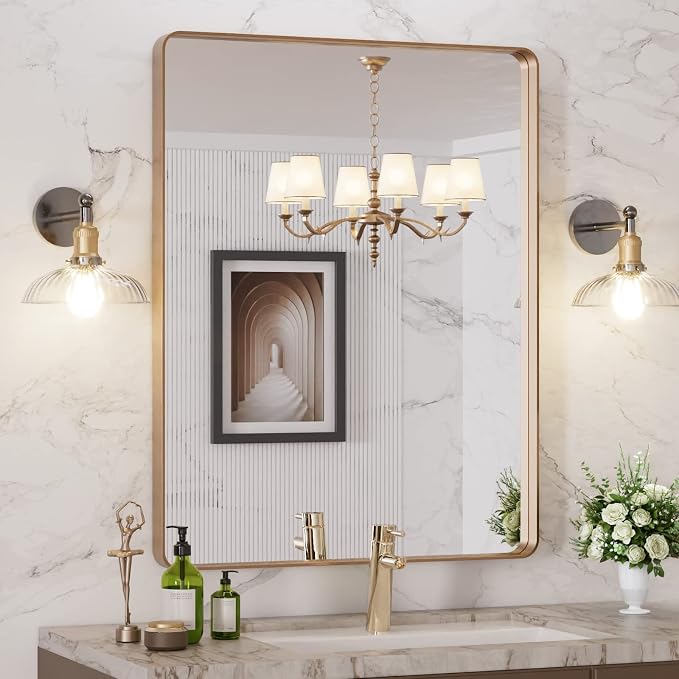 LOAAO 28"X36" Gold Bathroom Mirror | Rounded Rectangle, Brushed Gold Frame, Wall-Mounted, Anti-Rust, Hangs Horizontally or Vertically