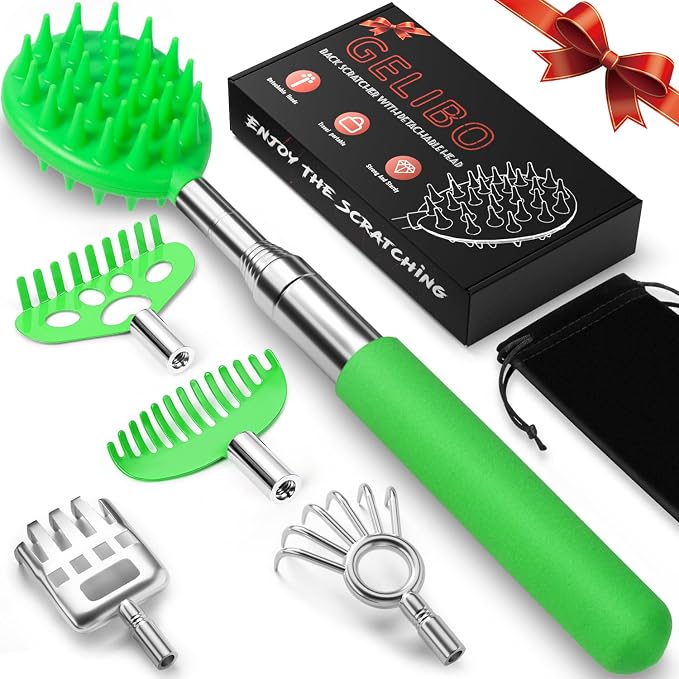Gelibo Telescoping Back Scratcher with 5Pcs Detachable Heads, Extendable Back Massager Tool, Fathers Day Dad Gifts from Wife Daughter Son, Mens Gifts, Husband with Beautiful Box - Green