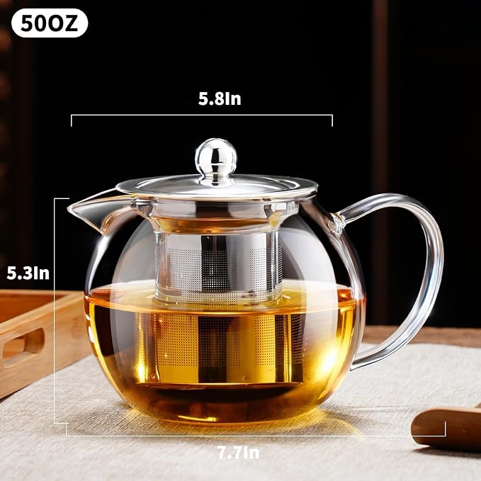 PARACITY Glass Teapot Stovetop 51OZ, Borosilicate Clear Tea Kettle with Removable 18/8 Stainless Steel Infuser, Teapot Blooming and Loose Leaf Tea Maker Tea Brewer (transparent, 51oz/1500ml)