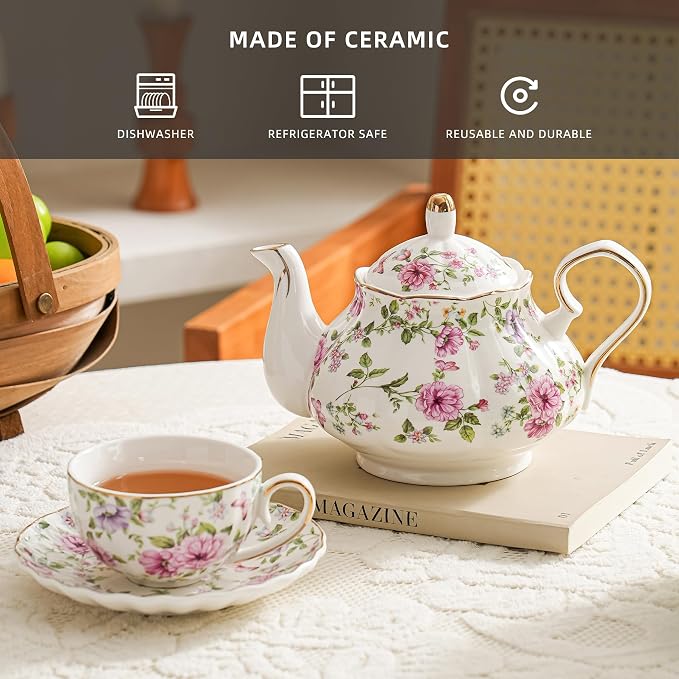 Agyiuns Flower Ceramic Teapot,22oz Porcelain Tea pot for Tea Coffee Milk for Office Home Men Women as Gift (White and big flowers)