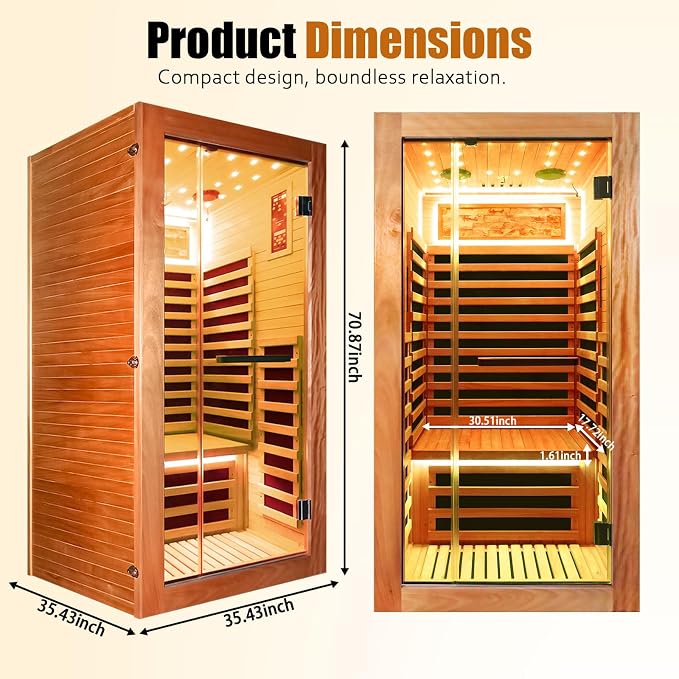 Far Infrared Sauna 1 Person Home Sauna Okoume Wood Indoor Saunas 1350W 120V with Red Light Bluetooth Speakers Oxygen Bar 35.4"x35.4"x70.9"