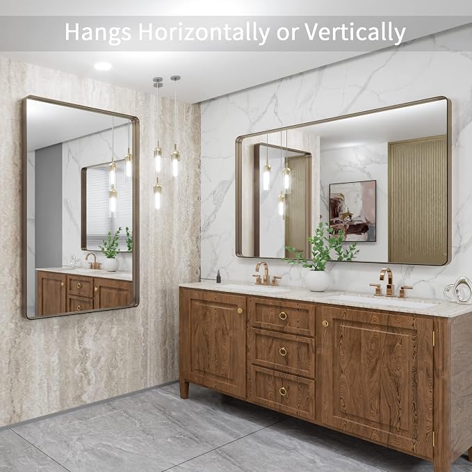 LOAAO 48"X32" Bronze Bathroom Mirror | Rounded Rectangle, Brushed Bronze Metal Frame, Anti-Rust, Tempered Glass, Hangs Horizontally or Vertically