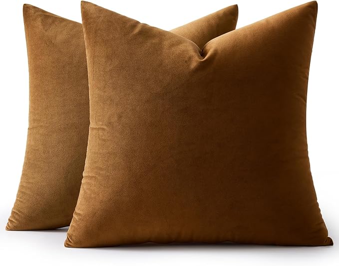 MIULEE Velvet Throw Pillow Covers 20x20 Inch Pack of 2 Golden Brown | Soft Solid Decorative Pillow Covers, Modern Luxury Home Decor, for Couch Chair Sofa Bedroom Livingroom