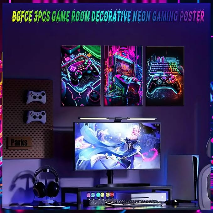 BGFCE Game Room Decor Posters Set of 3 - Neon Gaming Accessories Theme Canvas Wall Art, Gamer Console Paintings Picture Wall Decor for Children Youth Boys Bedroom 12x16 inch Unframed
