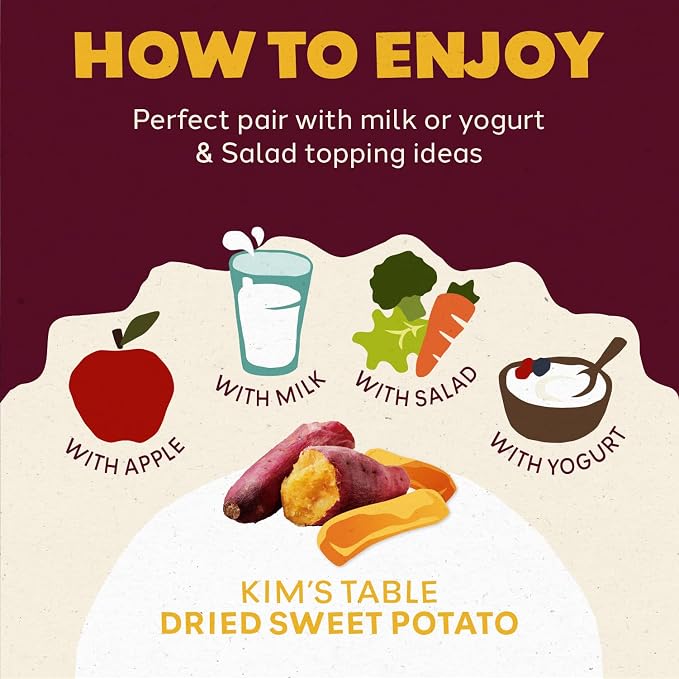 Kim’s Table Dried Sweet potato Korean Snacks (10 Packs) Glueten Free Pre Workout Healthy Foods, Korean Diet Foods/Natrural 100% Snacks for Golf, Travel and Wild Activity/Unsweetened 고구마 말랭이