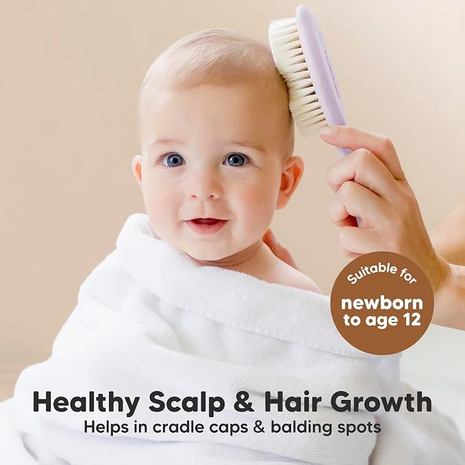 Wooden Baby Hair Brush Set for Newborns, Toddlers - Soft Goat Bristle Baby Brush and Comb Set Newborn Grooming Kit for Cradle Cap Care, Durable & Gentle, Boy, Girl Infant Essentials (Regular, Thistle)