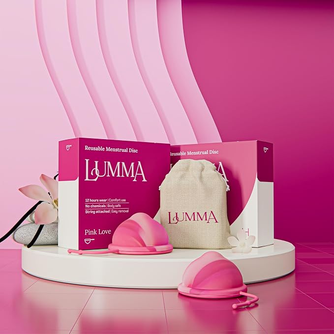 LUMMA Menstrual Disc | Includes Carrying Pouch and Silicone String for Easy Removal | Comfortable & Sustainable Choice to Tampons | Reusable Medical Grade Silicone, Leak-Proof | Pink Love, High-Cervix