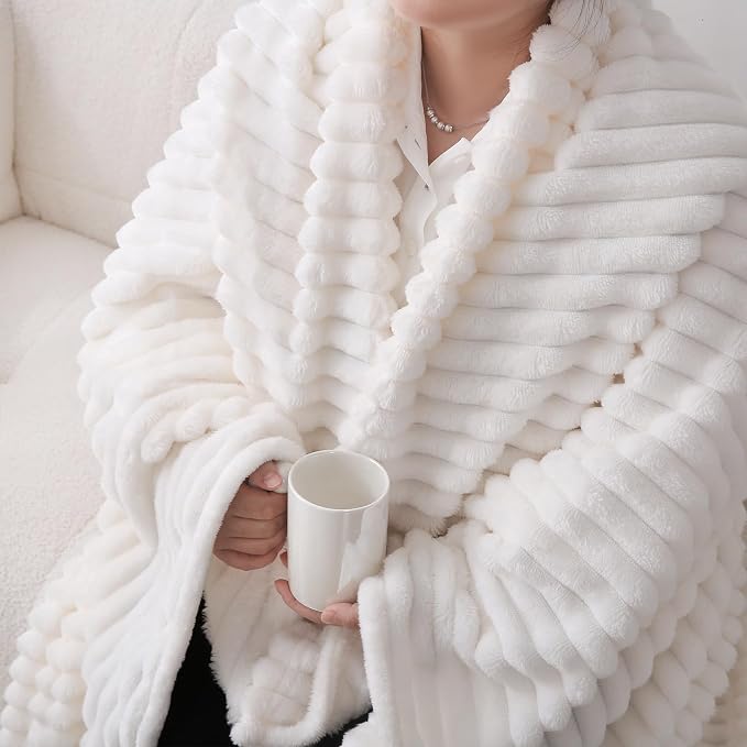 Cream White Fleece Throw Blanket 60”×80” for Couch Sofa Livingroom | Super Soft Cozy Plush Microfiber Flannel Bed Blanket Striped Design Lightweight Home Decor Gifts for Adults Mom Women