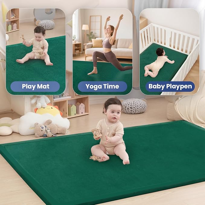 Baby Play Mat for Floor,1.3" Thick Memory foam Tummy Time Mat,Soft Coral Velvet Nursery Rug,Extra Large Non Slip Crawling Mat for Toddlers,Infants,kids,Yoga Mat,Tatami Style for Living Room(Dark Green)