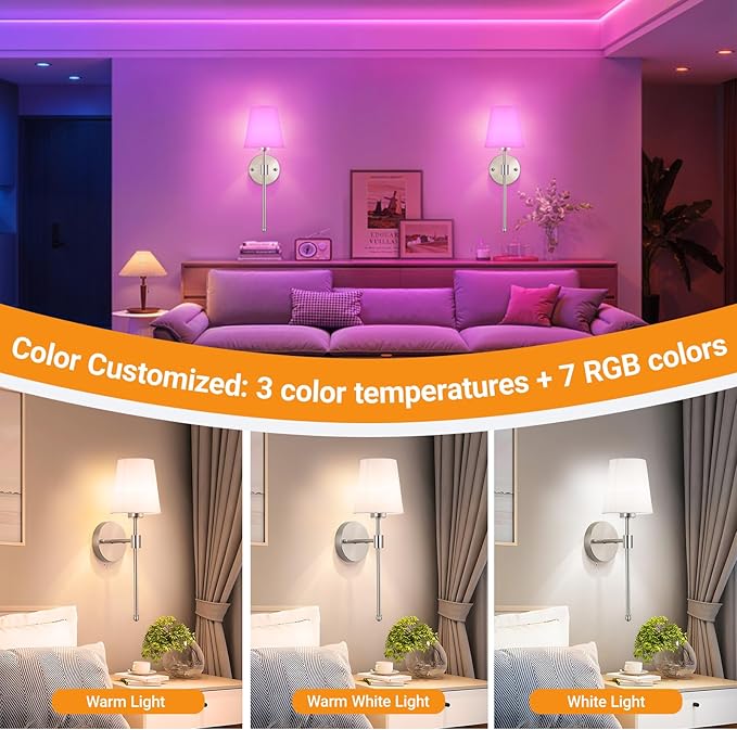 Battery Operated Wall Sconces Set Of 2, Wireless Battery Wall Light With 10000mAh RGB Rechargeable Magnetic Bulb, Rechargeable Wall Sconce With Remote Control For Bedroom, No Electrician Required