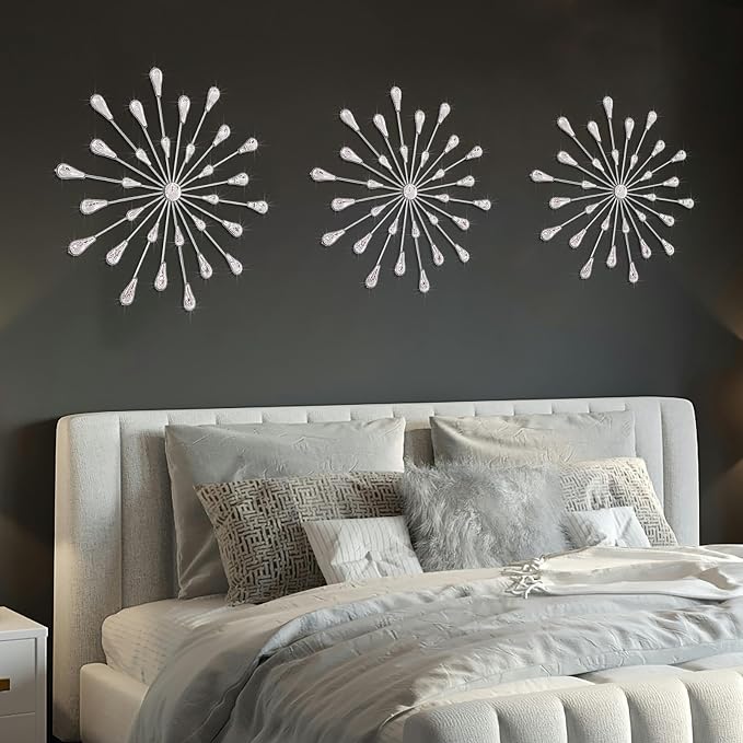 ZEXUIRU 3 Set Silver Starburst Wall Art for Home Decor Metal Bling Crystal Rhinestones Sunburst Wall Decor Sparkling Rhinestone Art Accent Silver - 18in