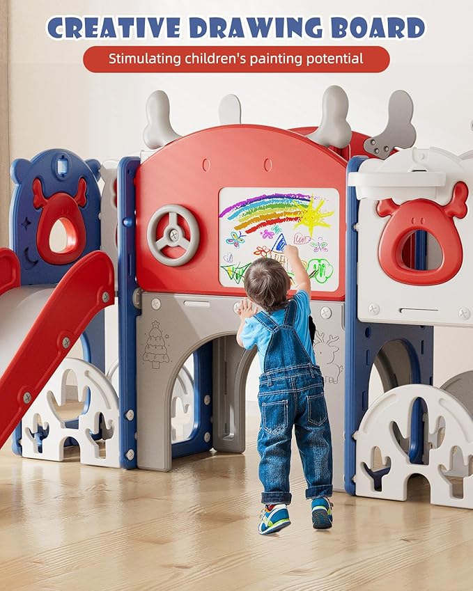 YUFU 13 in 1 Kids Slide for Toddlers, Toddler Slide Playset with Golf, Drawing Board, Climber, Basketball Hoop, Storage Space, Indoor Outdoor Toddler Playground for Kids Age 1-3 (Blue Red)